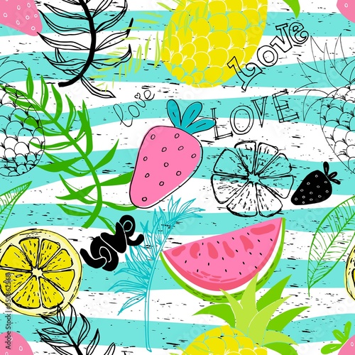 Exotic tropics funny wallpapers. Seamless pattern with leaves, pineapples, strawberries and lemons on colorful background and attritions. Bright summer fruits illustration for fabric clothes summer.