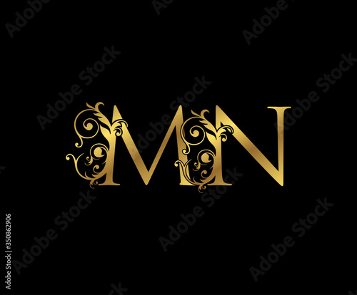 Luxury Gold M, N and MN Letter Floral logo. Vintage Swirl drawn emblem for weeding card, brand name, letter stamp, Restaurant, Boutique, Hotel.