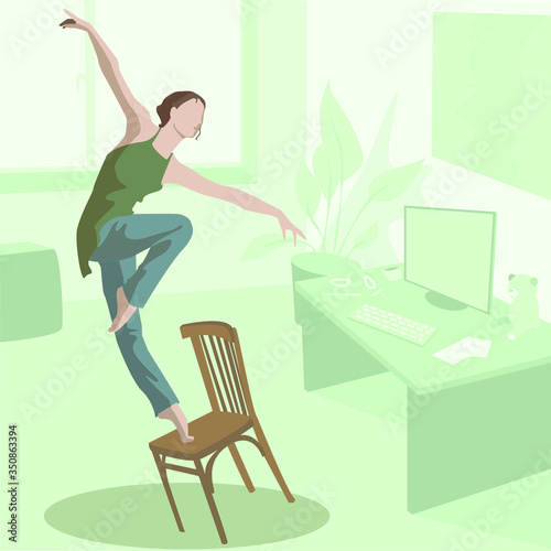 A girl dances in a room on self-isolation during quarantine. In front of a computer camera