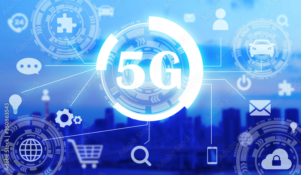 Fototapeta premium 5g 高速回線テクノロジーと街並み high speed connection technology and city