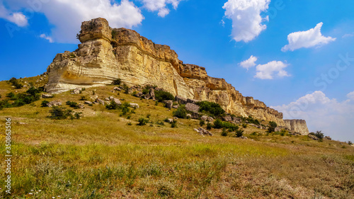 Rocky mountain in Crimea against the blue summer sky