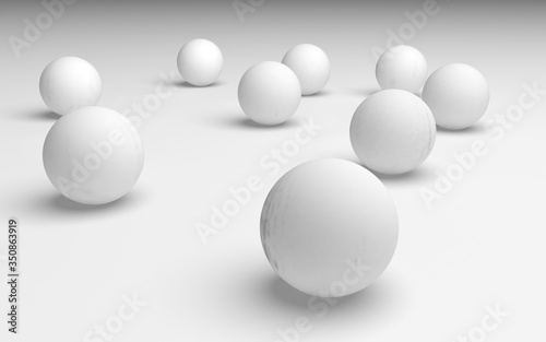 White abstract background. Set of white balls isolated on white backdrop. 3D illustration