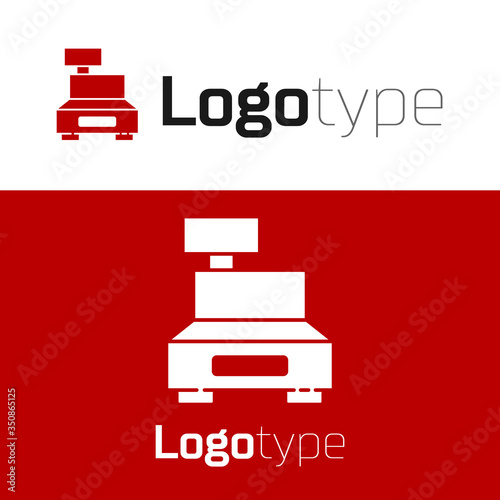 Red Cash register machine with a check icon isolated on white background. Cashier sign. Cashbox symbol. Logo design template element. Vector