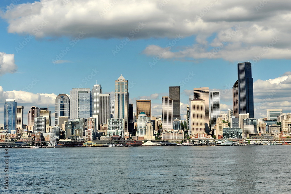 Seattle panorama on a summer sunny day. Down town of Washington state capital.