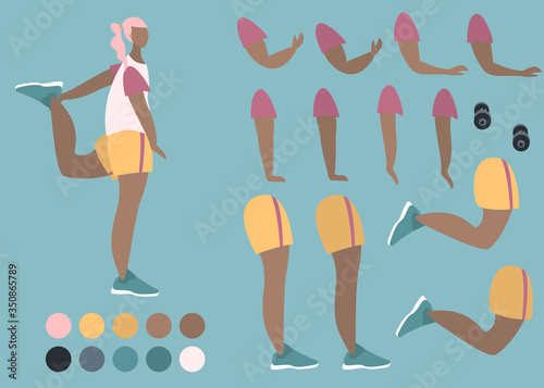 Sports woman construction set. Girl dressed in training clothes and holding dumbbell. Set of flat cartoon character details isolated on white background. Vector illustration.
