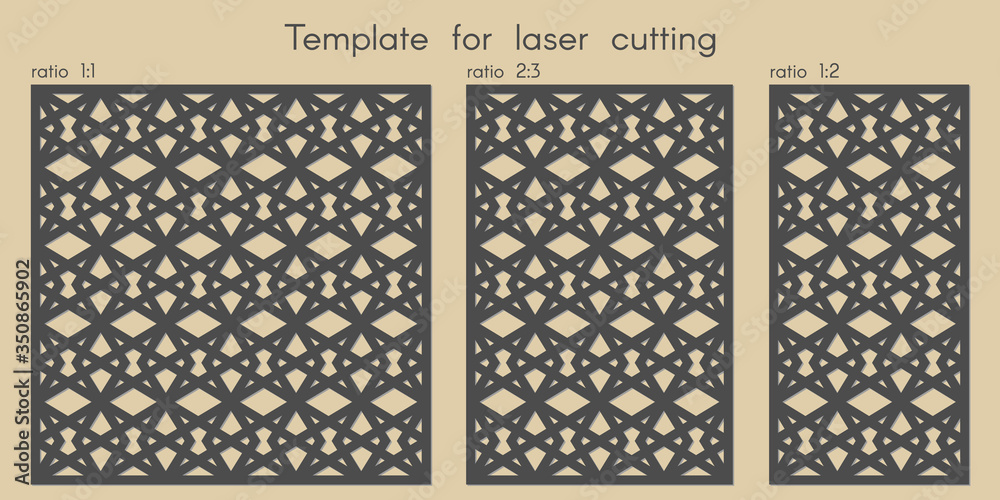 Template for laser cutting. Stencil for panels of wood, metal. Geometric pattern. Abstract background for cut. Vector illustration. Decorative cards. Ratio 1:1, 2:3, 1:2. Template for laser cutting. Stencil for panels of wood, metal. Geometric pattern. Abstract background for cut. Vector illustration. Decorative cards. Ratio 1:1, 2:3, 1:2.