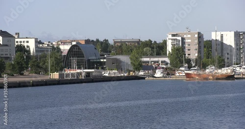 4K Baltic Sea Finnish Bay lagoon summer morning harbour video, Kotka port and town over calm water channel in Finland, northern Europe photo