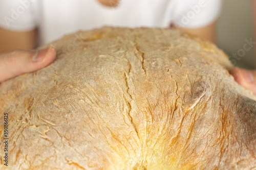 small child breaks freshly baked bread photo