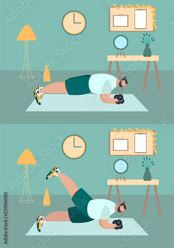 Fit man make exercise at home in sportswear. Active and healthy lifestyle concept. Sports competition indoor workout athletic. Flat vector illustration in room with furniture. Trendy simple interior