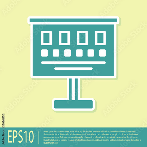 Green Eye test chart icon isolated on yellow background. Poster for vision testing in ophthalmic study. Snellen chart. Vector