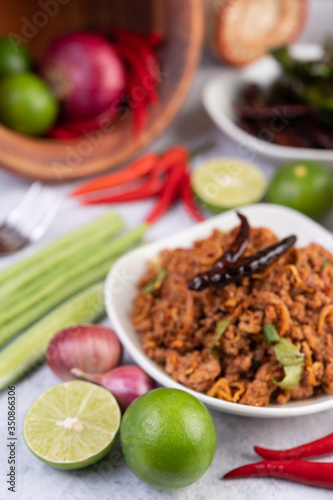 Spicy minced pork in a white plate.