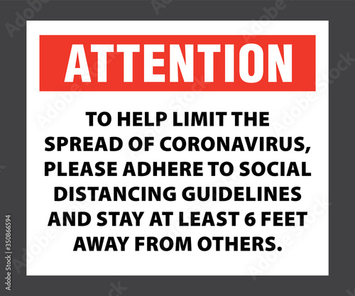 Attention please adhere to social distancing guidelines to stay at least 6 feet or 2 m apart sign vector