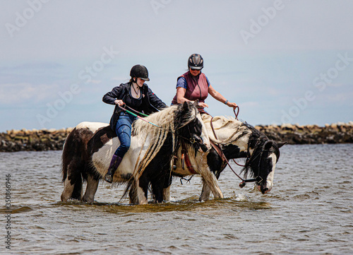 Картината върху платно Horseback riding at beach with gypsy vanner
