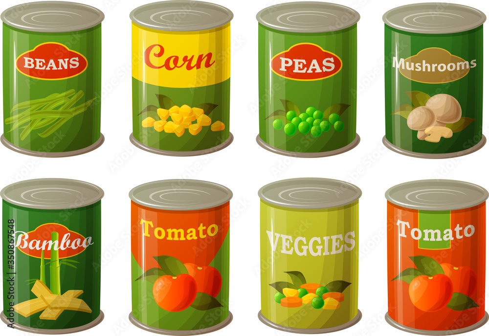 Vector illustration of various canned vegetables for pantry isolated on