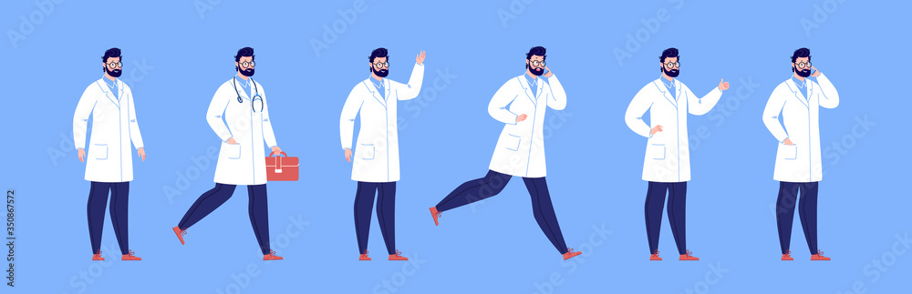 Doctor character creation set with various poses and gestures. Isolated. Male doctor. Doctor character creation set with various poses and gestures. Isolated. Male doctor.