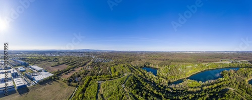 Aerial view over Oberwaldsee recreation area close to Frankfurt in Germany