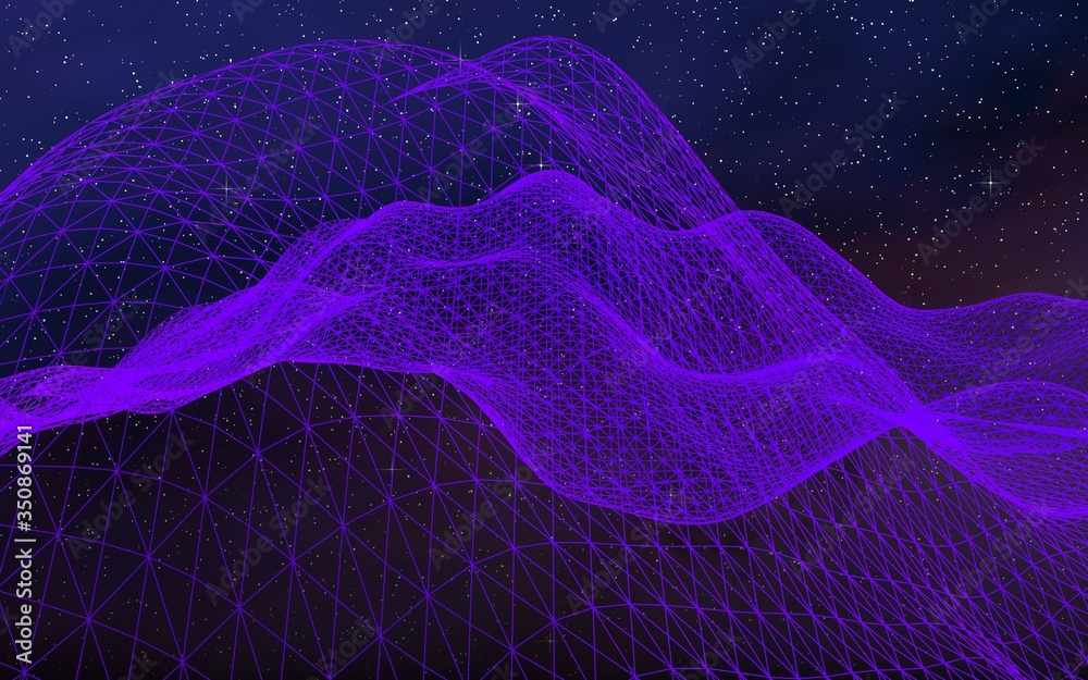Fototapeta premium Abstract ultraviolet landscape on a dark background. Purple cyberspace grid. hi tech network. Outer space. Violet starry outer space texture. 3D illustration