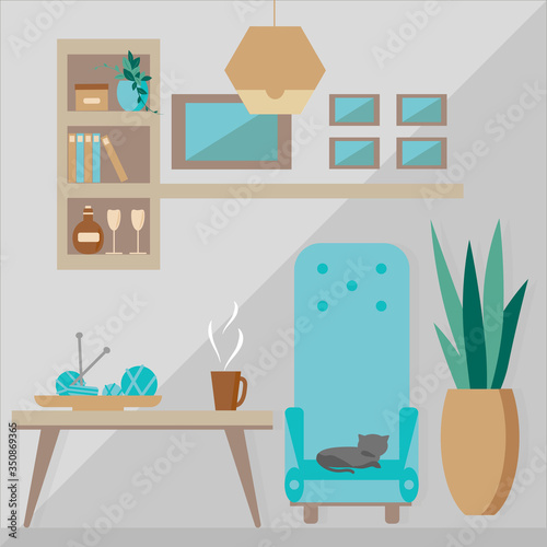 Cozy home interior of living room. Vector illustration in flat style. Template for design of interior design in trendy colors.