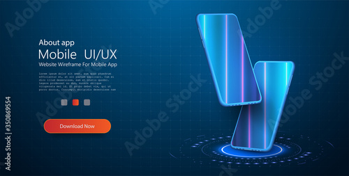 Modern smartphone glass hanging over table with a smooth dark blue surface in perspective view with reflection. Smartphone perspective view with blank screen. UI, UX, KIT presentation. Vector Mockup