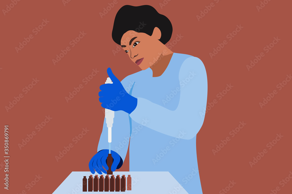 Woman medical research lab worker - flat style illustration. Nurse with a test tube in hand taking analysis. 