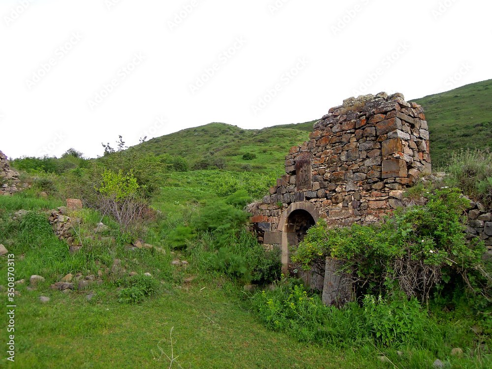 Arch of the main gate in the medieval monastic complex Havuts Tar, ruined during earthquake, Khosrov State Reserve, near the village Garni, Armania