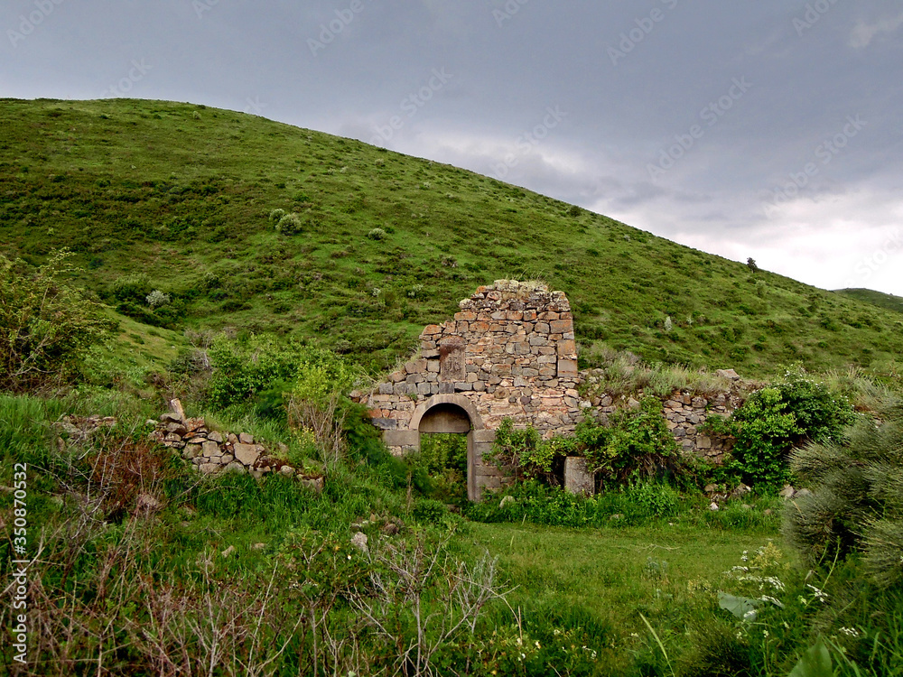 Remains of monastery gates of Havuts Tar near Garni, Armenia. Complex was ruined & abandoned after earthquake
