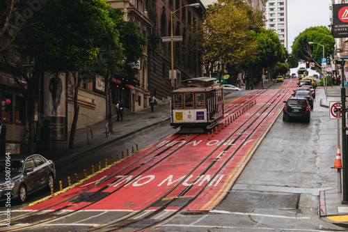 Photography Cable car on the street of San Francisco, CA