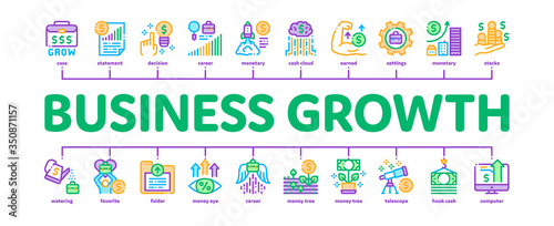 Business Growth And Management Minimal Infographic Web Banner Vector. Business Case With Dollar Sign, Rocket And Wings, Brain And Muscle Concept, Grow Arrow Statistic Illustrations