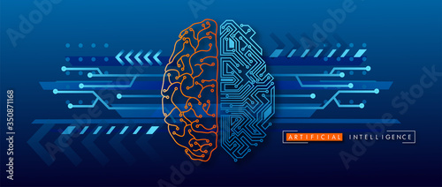 Wired brain illustration - next step to artificial intelligence and circuit board human brain. 
Concept illustration Electronic chip in form of human brain in electronic cyberspace.