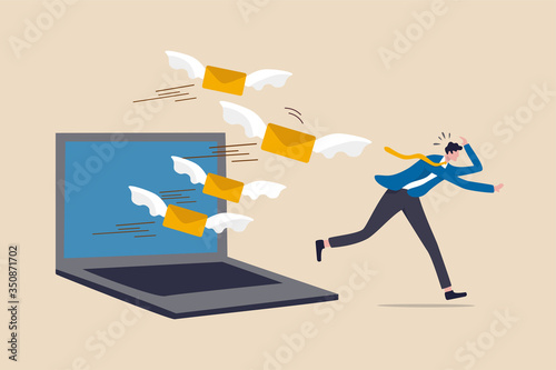 Email overload too many junk mails that reduce efficiency and productivity in work and time management concept, businessman office guy run away from overload flying mail letter from computer laptop.