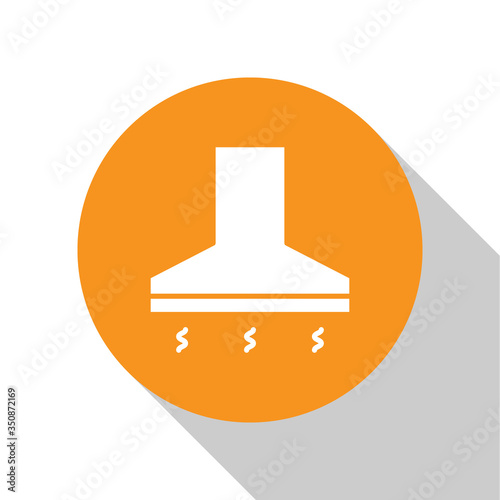White Kitchen extractor fan icon isolated on white background. Cooker hood. Kitchen exhaust. Household appliance. Orange circle button. Vector