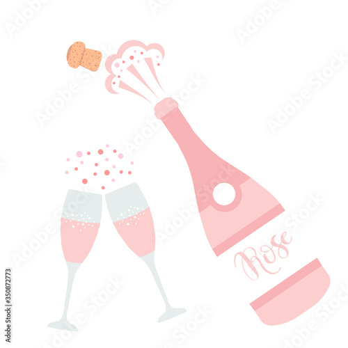 Champagne bottle explosion. Hand drawn vector illustration isolated on white.