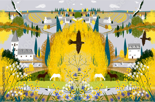 Autumn landscape. Vector illustration with autumn landscape, trees, lake, bushes, flowers for printing background, greeting card, book illustration, packaging.
