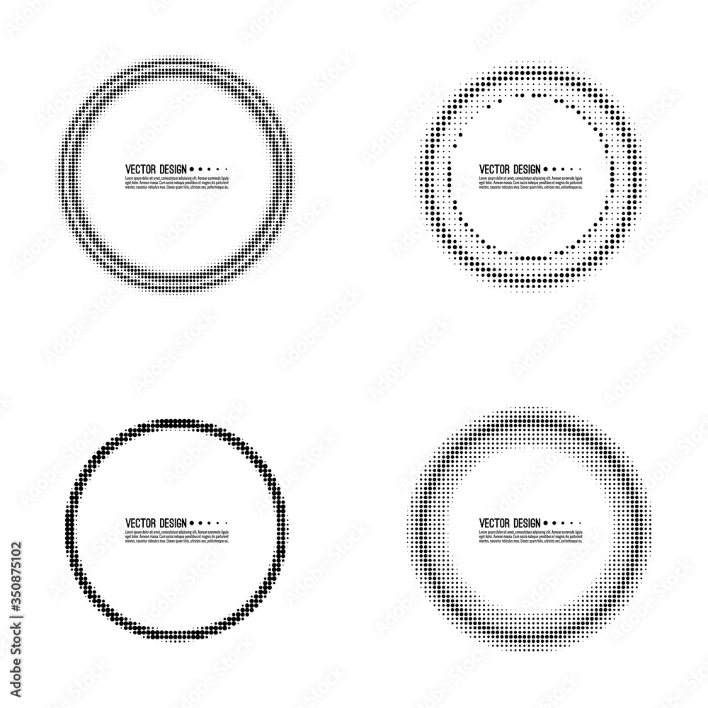 Set of abstract circle halftone dotted frame. Vector round border. Blank banner design element. Set of abstract circle halftone dotted frame. Vector round border. Blank banner design element.