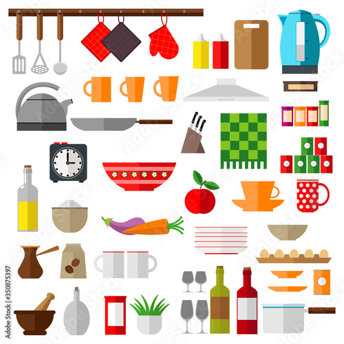 A large set of kitchen equipment: dishes, food, table equipment. Vector illustration on a white isolated background.