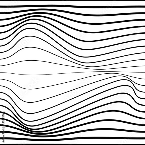 Distorted wave monochrome texture. Abstract dynamical rippled surface. Vector stripe deformation background.