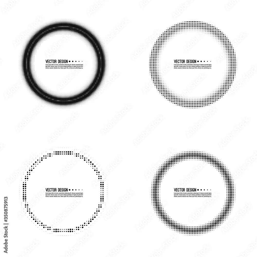 Set of abstract circle halftone dotted frame. Vector round border. Blank banner design element. Set of abstract circle halftone dotted frame. Vector round border. Blank banner design element.