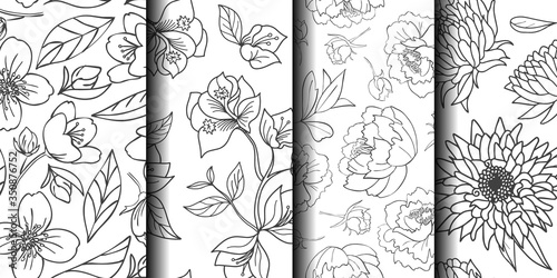 Simple hand drawn flower collection. 4 flower seamless patterns.