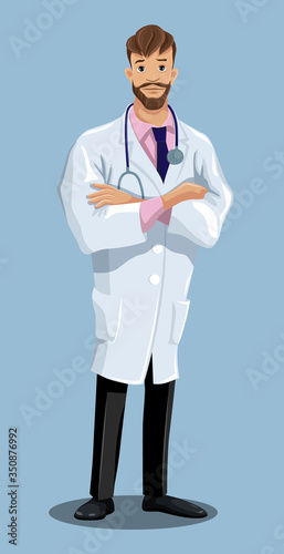 Cartoon character of doctor with arms crossed. Medical worker is standing. Vector illustration isolated on the background of the front view healthcare employee