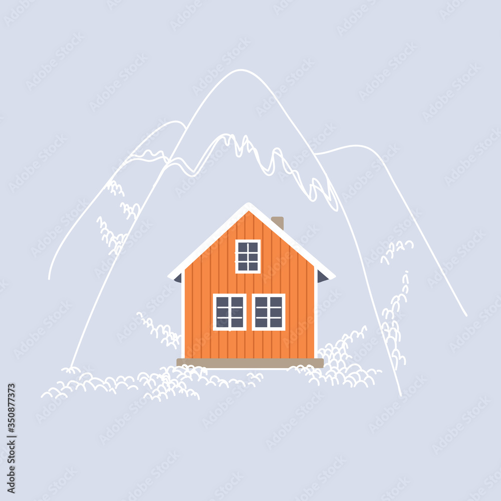 Orange Norwegian house. Fisherman's house by the ocean. Lofoten. Snow country. Housing in the mountains.