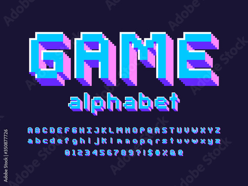 pixel style font with uppercase, lowercase, numbers and symbol