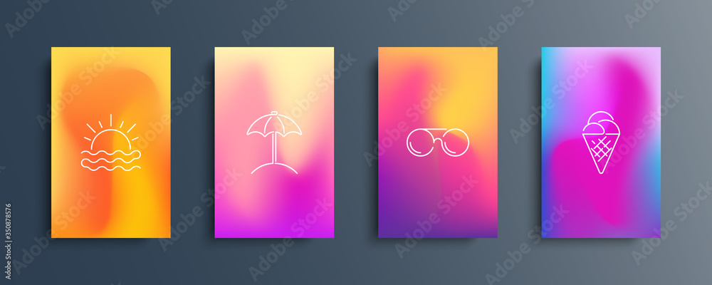 © FineVector - Blurred backgrounds set with modern abstract blurred color gradient patterns and summer line icons. Summertime collection for brochures, posters, banners, flyers and cards. Vector illustration. © FineVector - Blurred backgrounds set with modern abstract blurred color gradient patterns and summer line icons. Summertime collection for brochures, posters, banners, flyers and cards. Vector illustration.