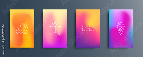 Blurred backgrounds set with modern abstract blurred color gradient patterns and summer line icons. Summertime collection for brochures, posters, banners, flyers and cards. Vector illustration.