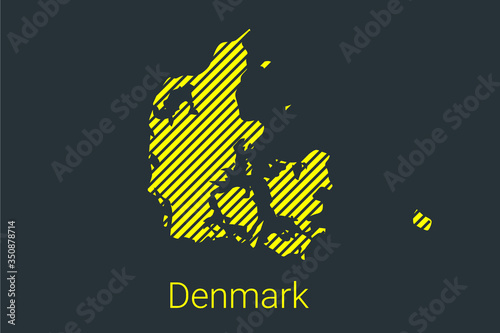 Map of Denmark, striped map in a black strip on a yellow background for coronavirus infographics and quarantine area markers and restrictions. vector
