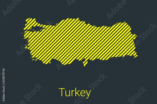 Map of Turkey, striped map in a black strip on a yellow background for coronavirus infographics and quarantine area markers and restrictions. vector