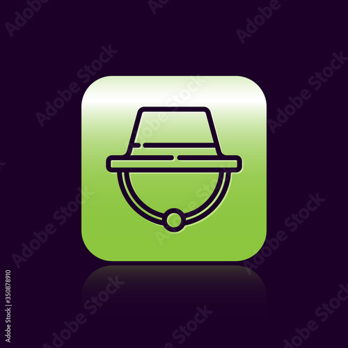 Black line Camping hat icon isolated on black background. Beach hat panama. Explorer travelers hat for hunting, hiking, tourism. Green square button. Vector Illustration