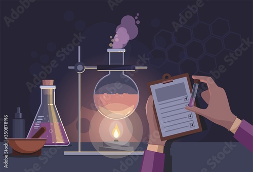 Chemical engineer working in the research laboratory. Laboratory glassware containing chemical liquid for research or analyzing a sample into test tube. 