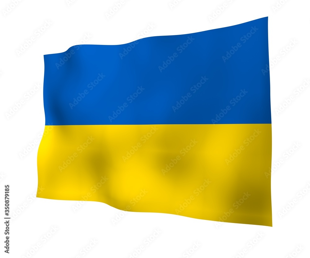 The flag of Ukraine on a white background. National flag and state ensign. Blue and yellow bicolour. 3D illustration waving flag The flag of Ukraine on a white background. National flag and state ensign. Blue and yellow bicolour. 3D illustration waving flag