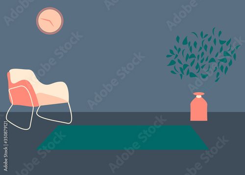 Fototapeta Naklejka Na Ścianę i Meble -  Vector interior flat design illustration. Home in colorful furniture of simple living room in trendy style. Design of a cozy room with house decor accessories and plants. Decorative elements