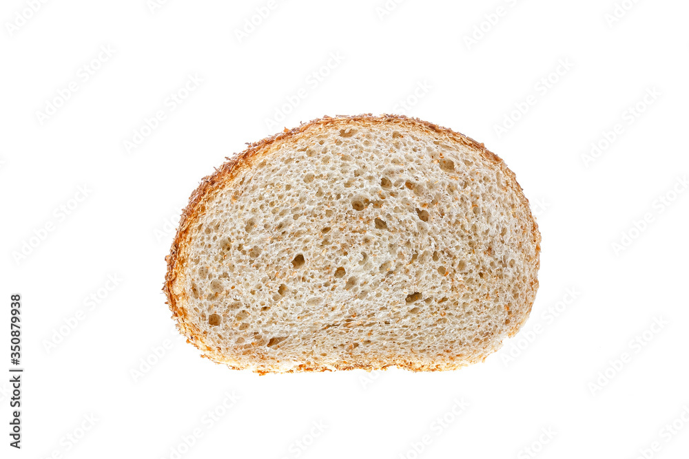 Piece of barn bread isolated on white background. Baked product, pastry, healthy food concept.